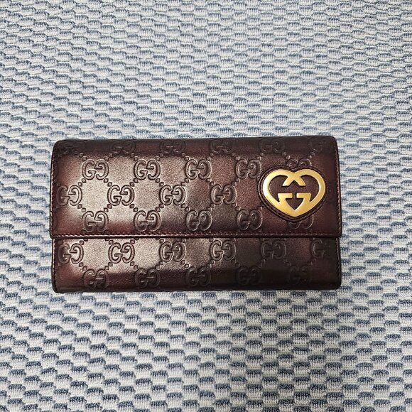 Gucci Guccissima Leather Maroon Brown Long Wallet with Gold Heart GG Design - Picture 2 of 7